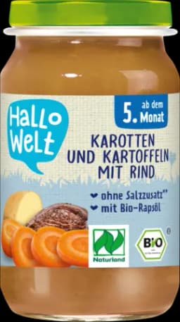 Bio Karotten, Kartoffeln mit Rind ab 5.Monat 190g von HALLO WELT
