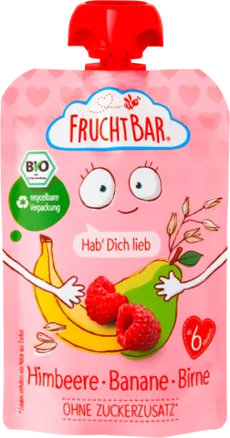 Bio Quetschie Hab Dich lieb mit Himbeere, Banane, Birne ab 6 Monaten von FRUCHTBAR