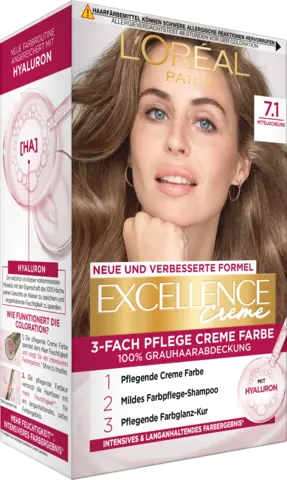 Excellence 3-fach Pflege Creme Farbe 7.1 Mittelaschblond von EXCELLENCE