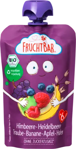 Bio Fruchtpüree Himbeere-Heidelbeere-Traube-Banane-Apfel-Hafer von FRUCHTBAR
