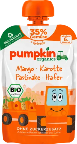 Bio Quetschie mit Mango, Karotte, Pastinake, Hafer ab dem 6. Monat von PUMPKIN ORGANICS
