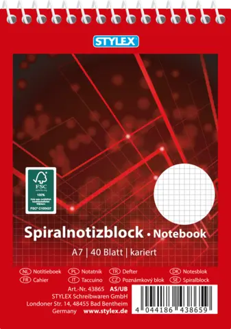 Spiralnotizblock kariert DIN A7 40 Blätter von STYLEX