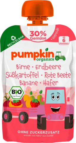 Bio Quetschie mit Birne, Erdbeere, Süßkartoffel, Rote Beete, Banane, Hafer ab dem 6. Monat von PUMPKIN ORGANICS