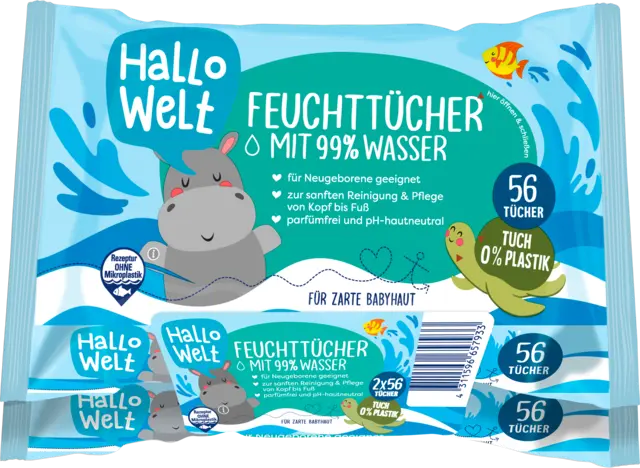 Feuchttücher mit Wasser 2x56 von HALLO WELT