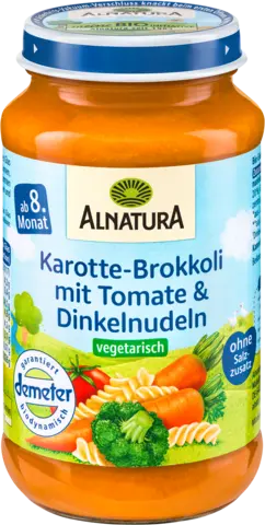 Demeter Vegetarisches Menü Karotten, Brokkoli mit Tomaten und Dinkelnudeln ab 8. Monat von ALNATURA
