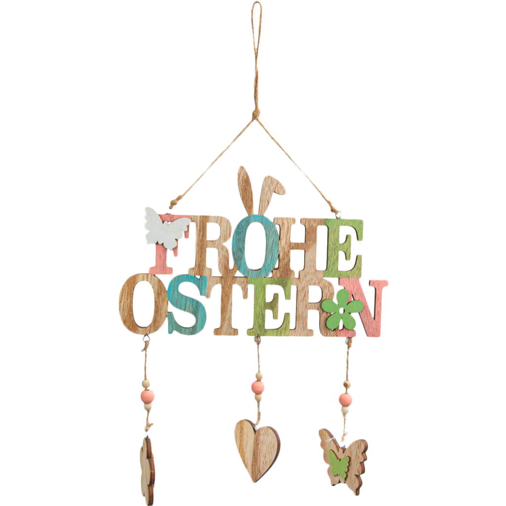 Schriftzug Frohe Ostern zum Hängen, Holz, 22x13,5x0,8cm, 1  Stck, rosa-blau-grün 6g